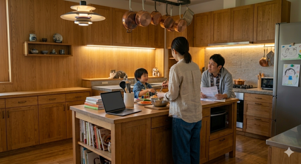 家事をしながら子供や家族とコミュニケーションをとっている女性