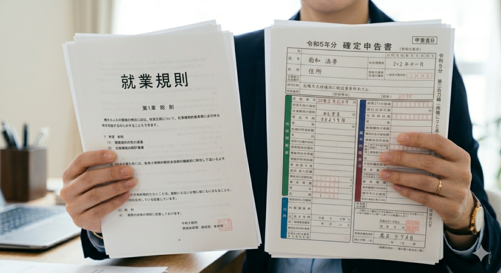 確定申告と就業規則の書類を手に持っている、女性の手元のアップ写真