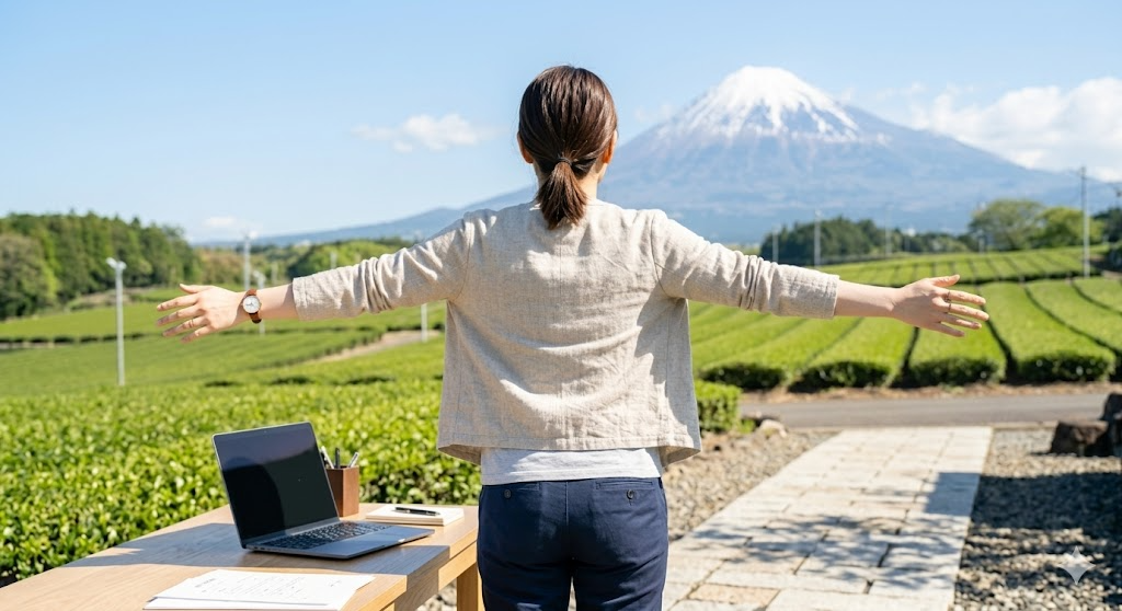 晴れた日の背景で両手を広げて一歩踏み出す女性の後ろ姿