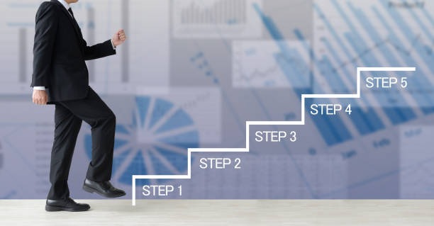 STEPと書かれた階段を男性が昇ろうとしている。